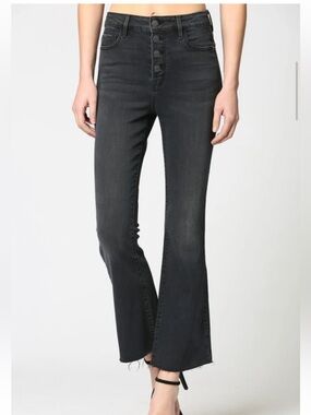 Hidden Happi High Rise Black Crop Flare Jean Raw Hem Size 25